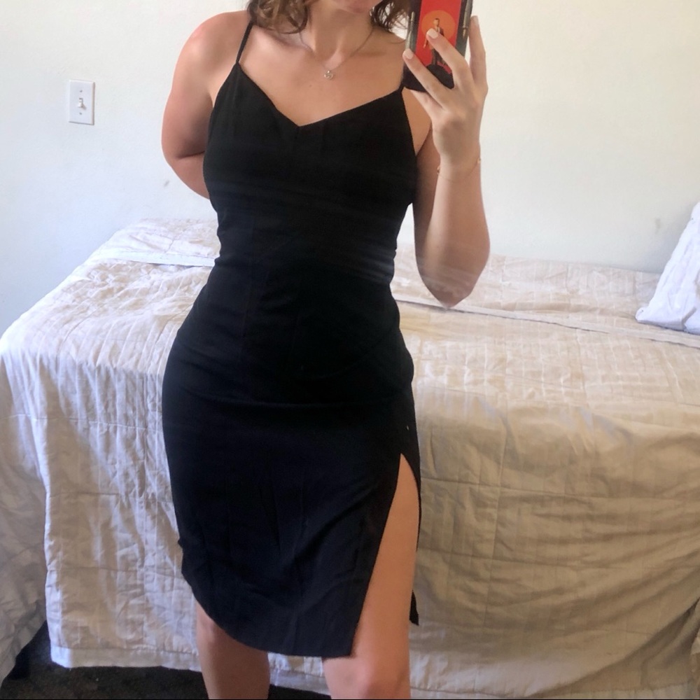 Black V-Neck Slit Midi Dress